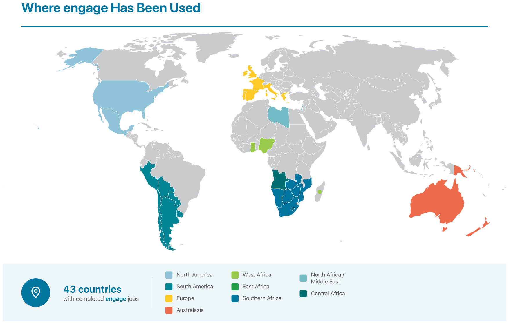 Map showing the countries and regions where Engage has been used: South Africa, Southern Africa, East & West Africa, Europe, Australia & NZ, and North America